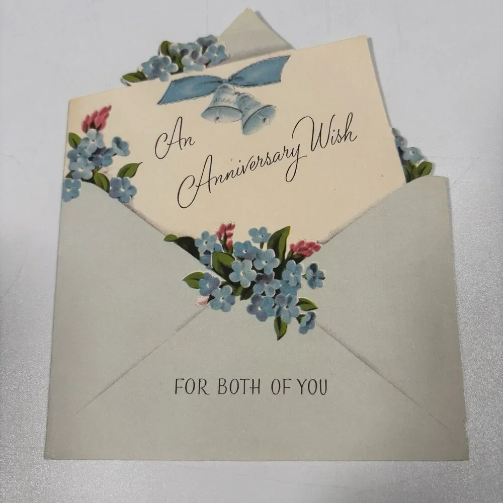 Vintage Norcross Anniversary Greeting Card Letter Envelope Die Cut Bells Flowers